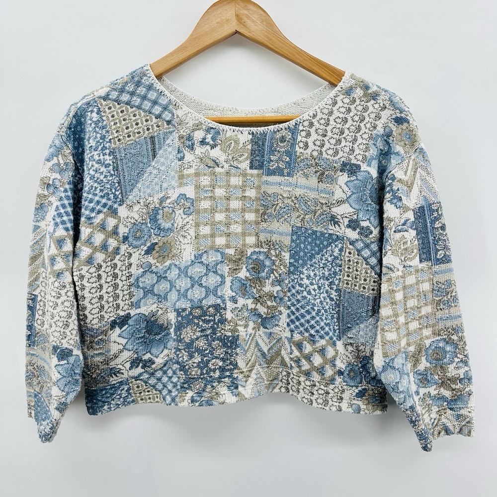 VTG Patchwork Knit Cropped S Sweater Blue Floral Cottagecore Boho BB12